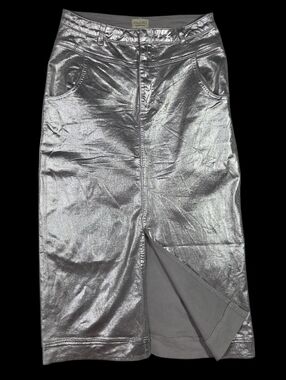 Pilcro Anthropologie Structured Midi Skirt Sz 12 Metallic Silver Slit Cybercore